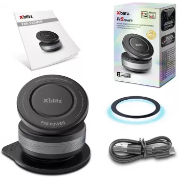 Xblitz FX9 Power Car Charging Holder mit Qi Wireless Charging, 10W, automatischer Klemme, Saugnapfhalterung
