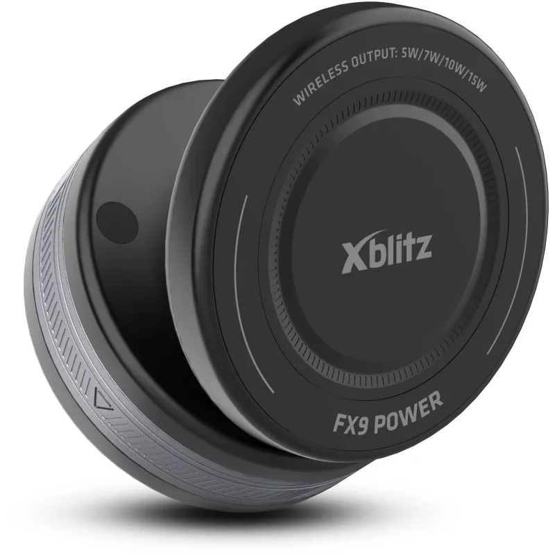Xblitz FX9 Power Car Charging Holder mit Qi Wireless Charging, 10W, automatischer Klemme, Saugnapfhalterung
