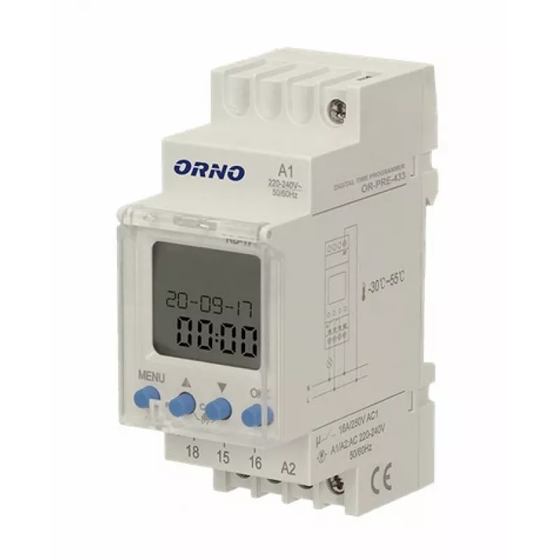 ORNO OR-PRE-433 Elektronischer Wochentimer, DIN-Schiene, 16A/3680W, 16 Programme, 230V