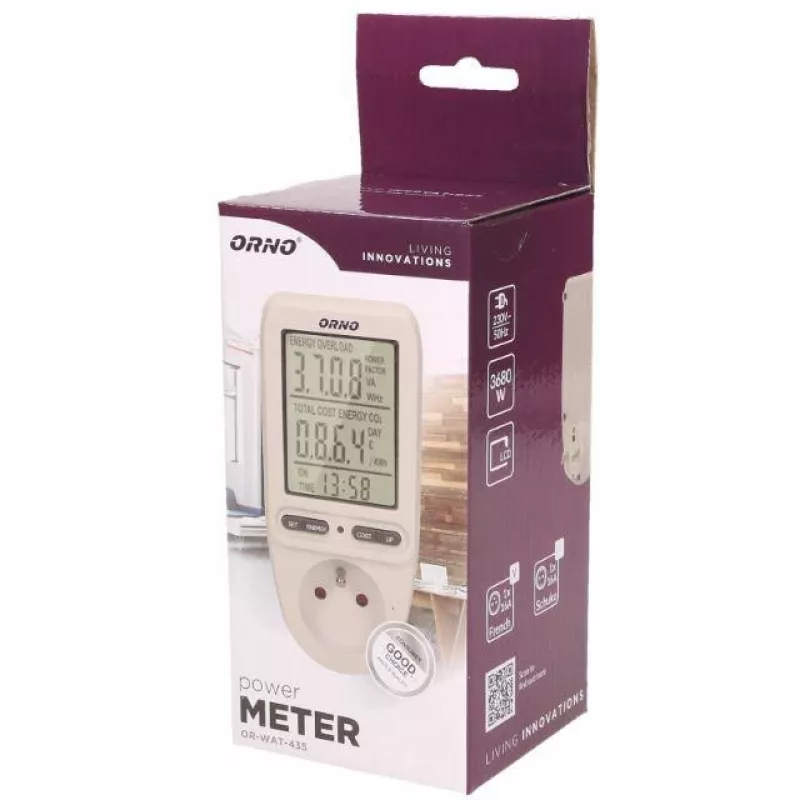 ORNO OR-WAT-435 Digitaler Energiezähler mit LCD-Display, 230V, 16A, 3680W, Stecker Typ F