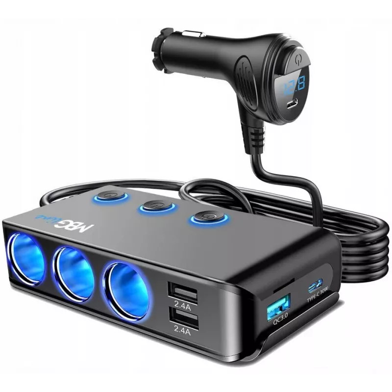 MBG Line HC67C Dualer Zigarettenanzünder-Steckdosen-Splitter mit 3 USB-A-Anschlüssen, 120 W, Schwarz