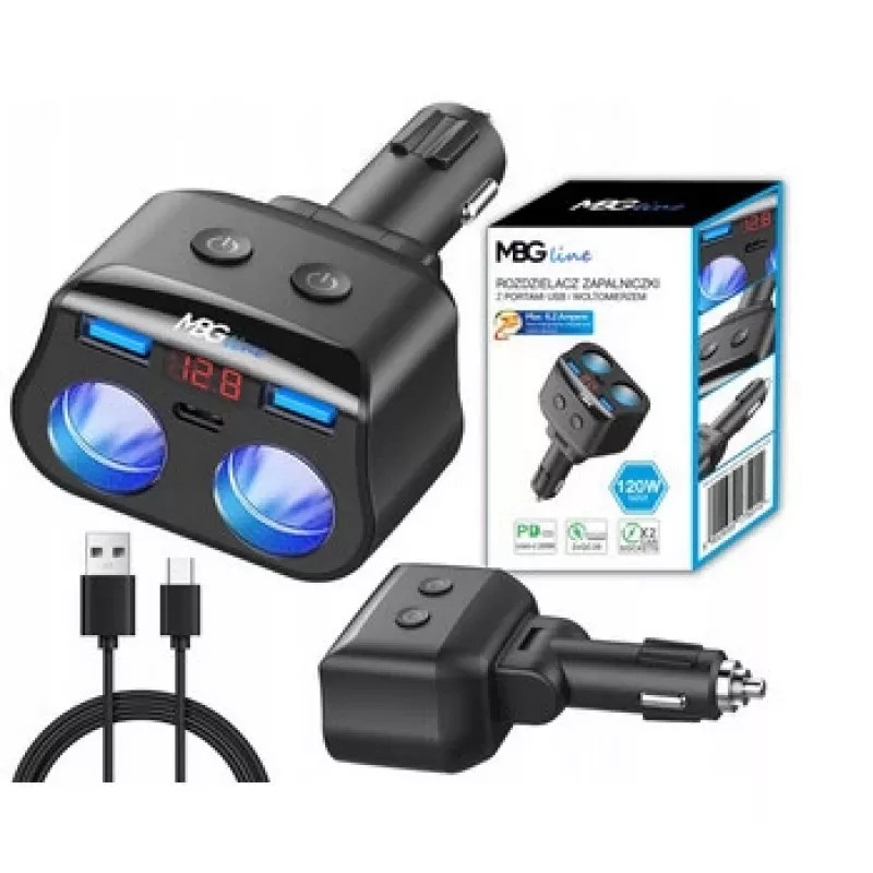 MBG Line HC69PD 3-fach Zigarettenanzünder-Splitter mit 2x USB-C PD 30W und 2x USB-A QC 3.0, LED-Spannungsanzeige, 180W