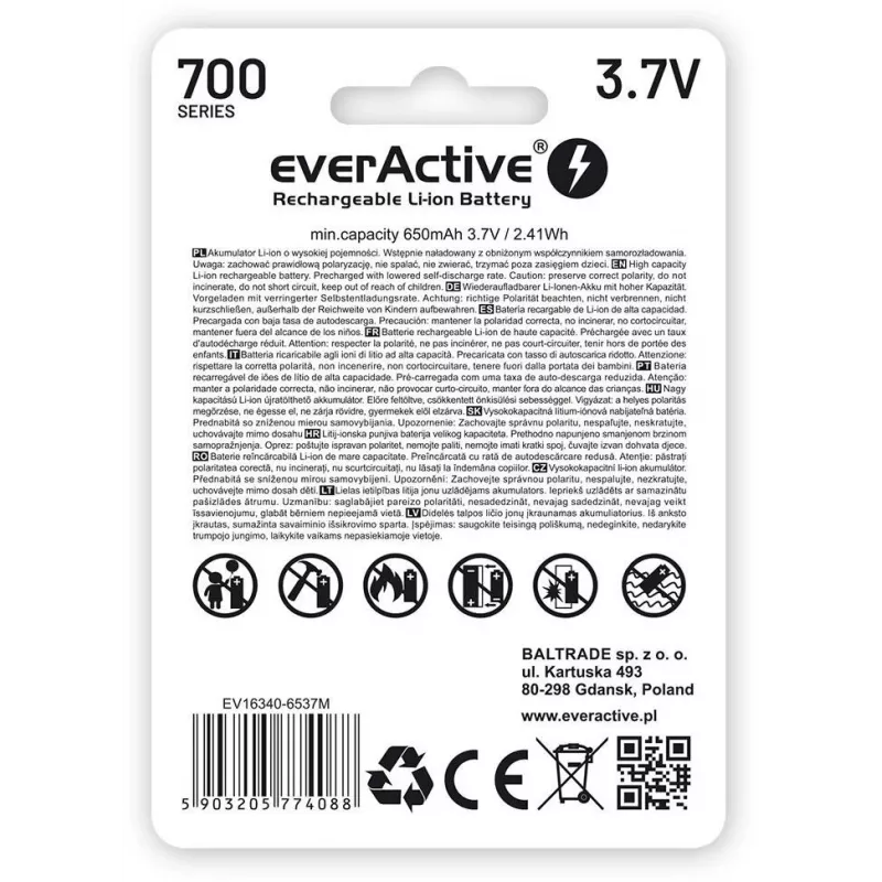 EVERACTIVE 16340 3.7V 700mAh Wiederaufladbarer Li-Ionen-Akku mit Schutzschaltung (1 Stück)