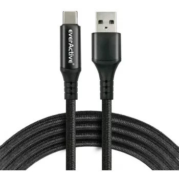 EVERACTIVE USB-A auf USB-C Kabel mit LCD-Display, 2m, 3A, 60W PD, Nylon geflochten, Schwarz