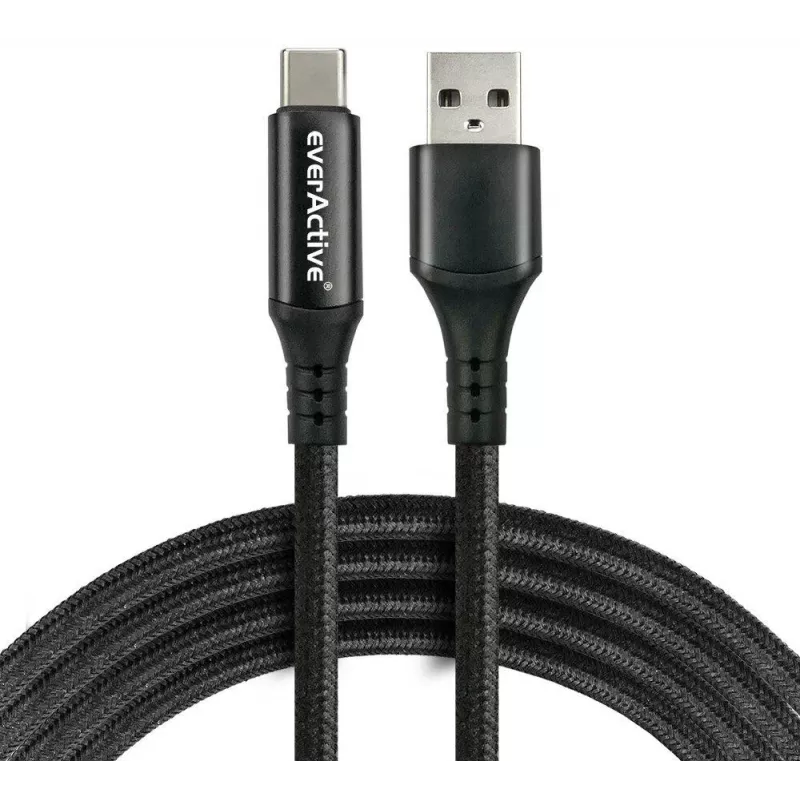 EVERACTIVE USB-A auf USB-C Kabel mit LCD-Display, 2m, 3A, 60W PD, Nylon geflochten, Schwarz