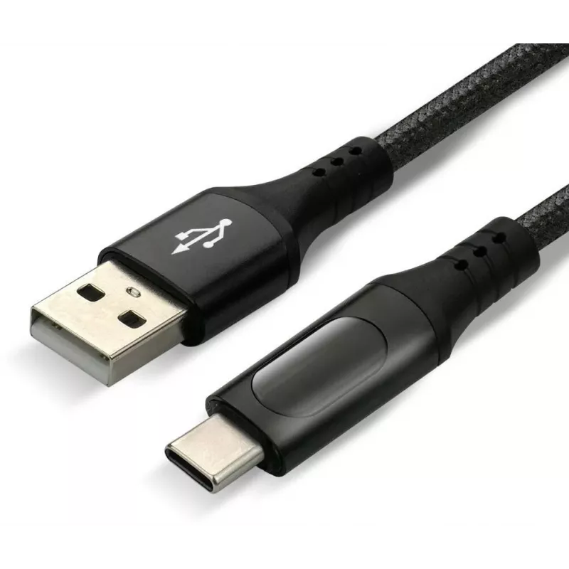 EVERACTIVE USB-A auf USB-C Kabel mit LCD-Display, 2m, 3A, 60W PD, Nylon geflochten, Schwarz