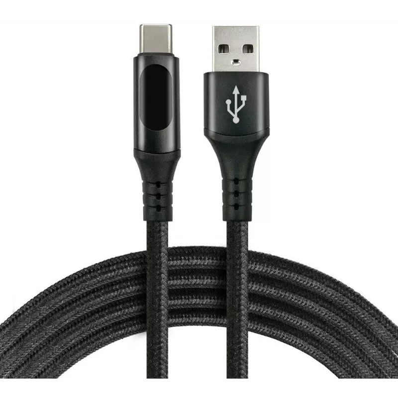 EVERACTIVE USB-A auf USB-C Kabel mit LCD-Display, 2m, 3A, 60W PD, Nylon geflochten, Schwarz