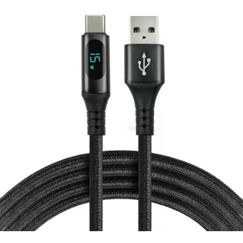EVERACTIVE USB-A auf USB-C Kabel mit LCD-Display, 2m, 3A, 60W PD, Nylon geflochten, Schwarz