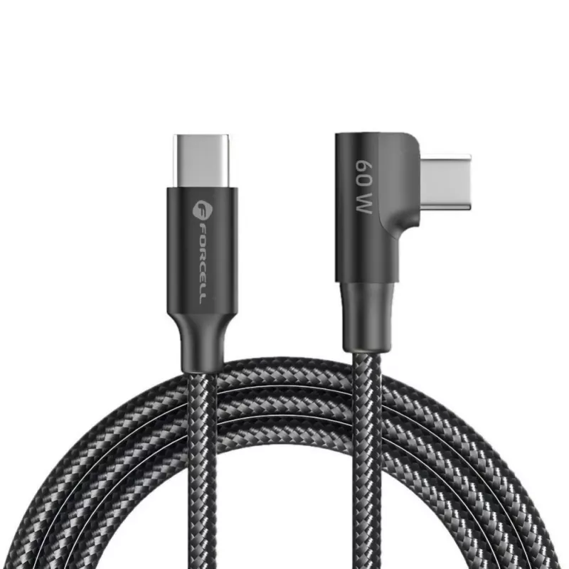 Forcell F-Energy CC-1Deg USB-C auf USB-C Kabel 100W PD QC4.0 5A 2m Schwarz 90° abgewinkelt