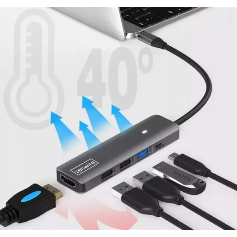 ZENWIRE BS-HC703 USB-C 7-in-1 Hub Adapter mit HDMI 4K, USB 3.0, SD-Kartenleser, Power Delivery 100W, Space Gray