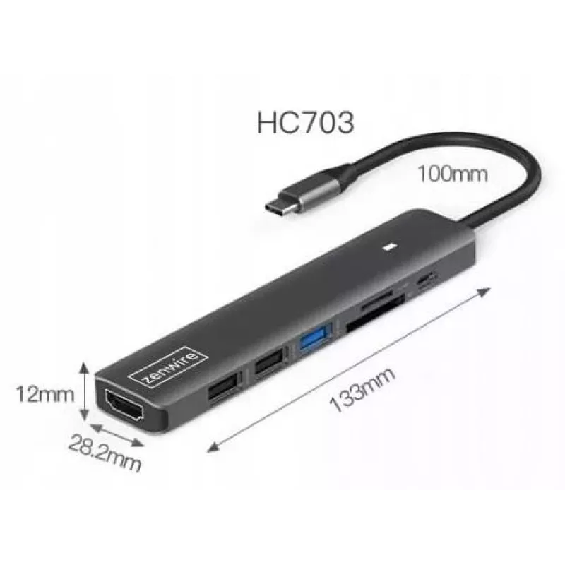ZENWIRE BS-HC703 USB-C 7-in-1 Hub Adapter mit HDMI 4K, USB 3.0, SD-Kartenleser, Power Delivery 100W, Space Gray