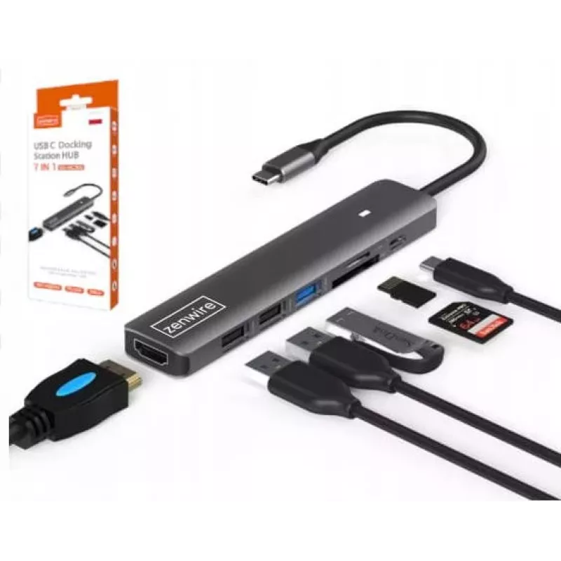 ZENWIRE BS-HC703 USB-C 7-in-1 Hub Adapter mit HDMI 4K, USB 3.0, SD-Kartenleser, Power Delivery 100W, Space Gray