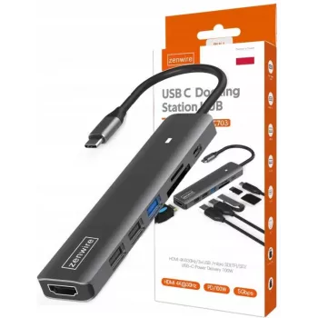 ZENWIRE BS-HC703 USB-C 7-in-1 Hub Adapter mit HDMI 4K, USB 3.0, SD-Kartenleser, Power Delivery 100W, Space Gray