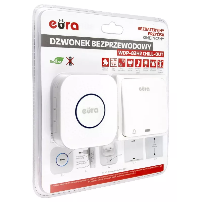 EURA WDP-82H2 Funk-Türklingel-Set, batteriefreier kinetischer Sender, 36 Melodien, 100 m Reichweite, Weiß