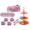 LEAN TOYS Teeset im Koffer - 15-teiliges Tafelgeschirr aus Zinn mit Tassen, Tellern, Kuchenständer und Serviertablett - Rosa, Blau, Weißes Blumenmuster - Tragbares Rollenspielzeug für Kinder ab 3 Jahren