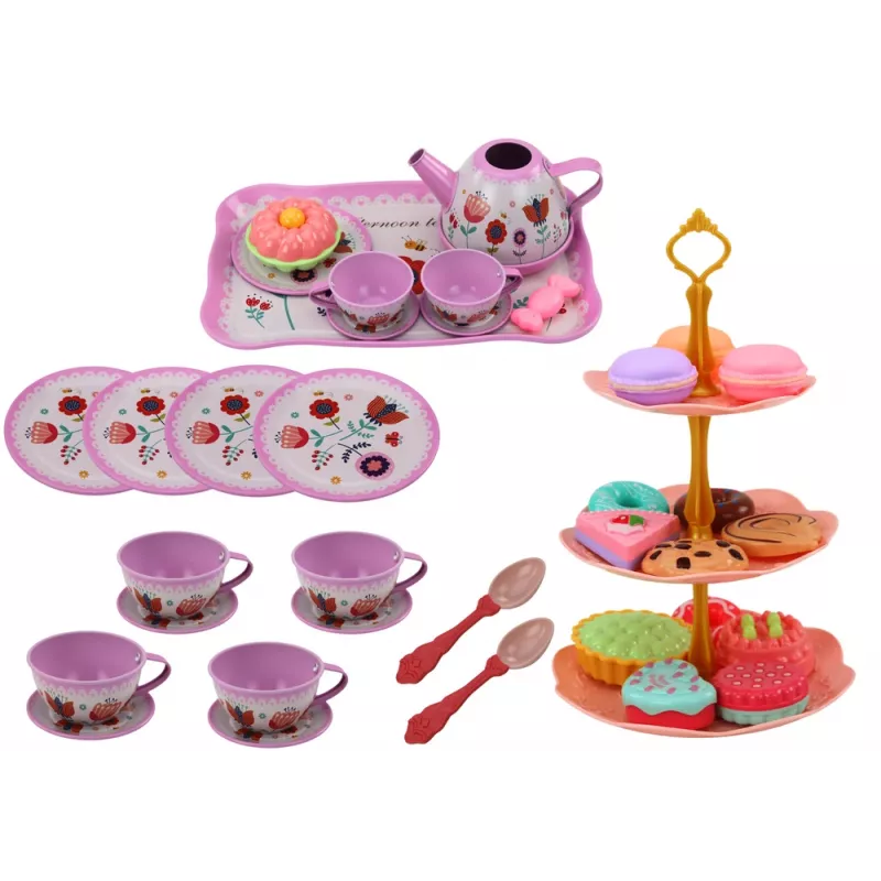 LEAN TOYS Teeset im Koffer - 15-teiliges Tafelgeschirr aus Zinn mit Tassen, Tellern, Kuchenständer und Serviertablett - Rosa, Blau, Weißes Blumenmuster - Tragbares Rollenspielzeug für Kinder ab 3 Jahren