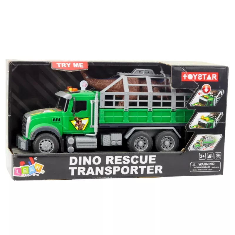 LEAN TOYS Dinosaurier-Transport-LKW mit Figuren, Lichtern und Geräuschen, Grün
