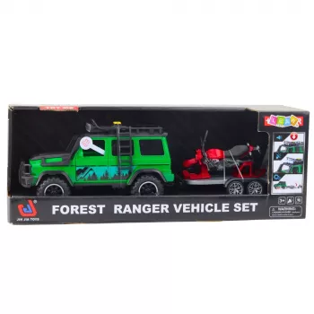LEAN TOYS Offroad-Fahrzeugset mit Abschleppwagen und Motorrad, Licht und Sound, Grün