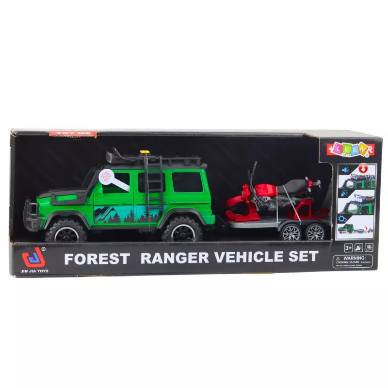LEAN TOYS Offroad-Fahrzeugset mit Abschleppwagen und Motorrad, Licht und Sound, Grün