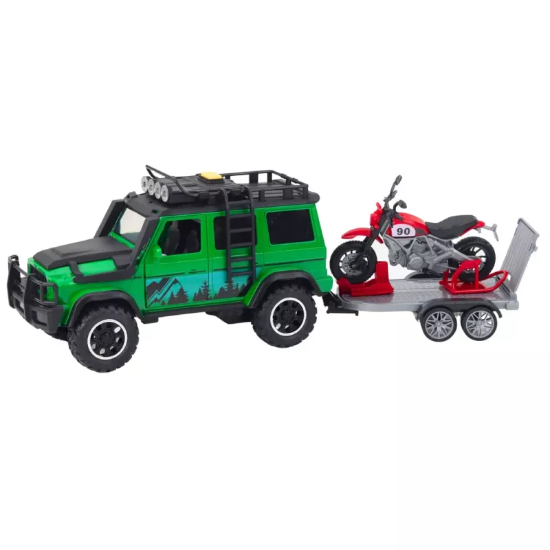 LEAN TOYS Offroad-Fahrzeugset mit Abschleppwagen und Motorrad, Licht und Sound, Grün