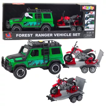LEAN TOYS Offroad-Fahrzeugset mit Abschleppwagen und Motorrad, Licht und Sound, Grün