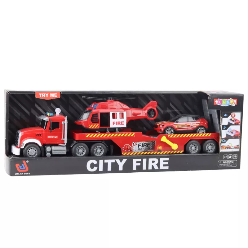 LEAN TOYS Feuerwehrwagen Abschleppwagen Hubschrauber Auto Lichter Geräusche Rot