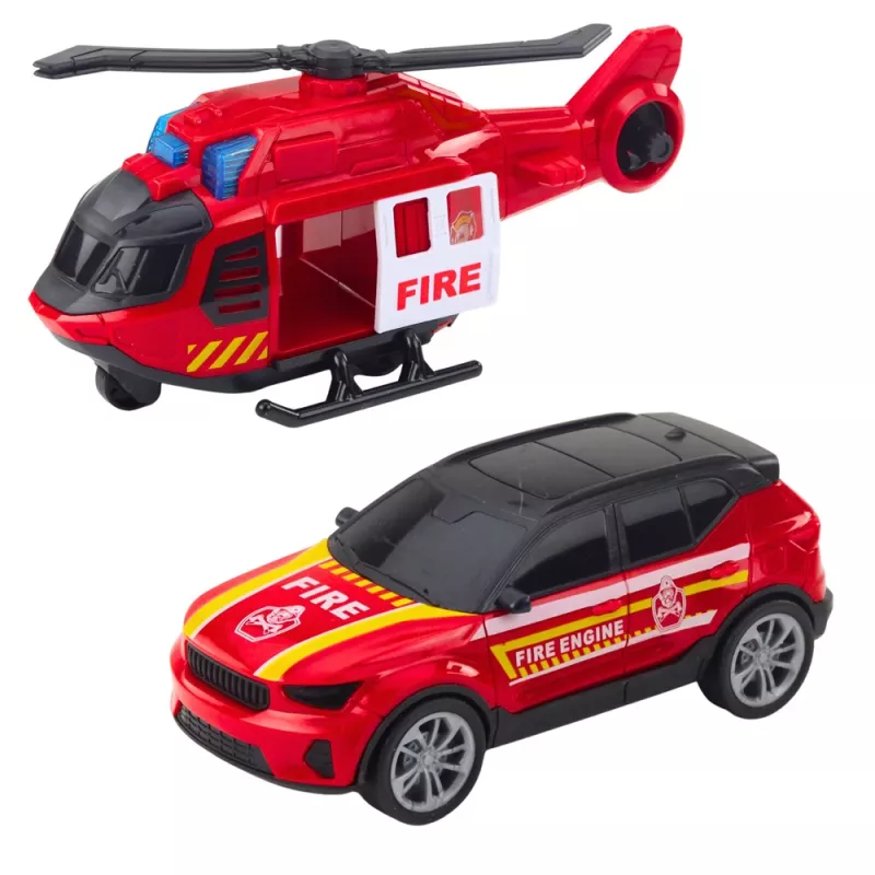 LEAN TOYS Feuerwehrwagen Abschleppwagen Hubschrauber Auto Lichter Geräusche Rot