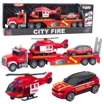 LEAN TOYS Feuerwehrwagen Abschleppwagen Hubschrauber Auto Lichter Geräusche Rot