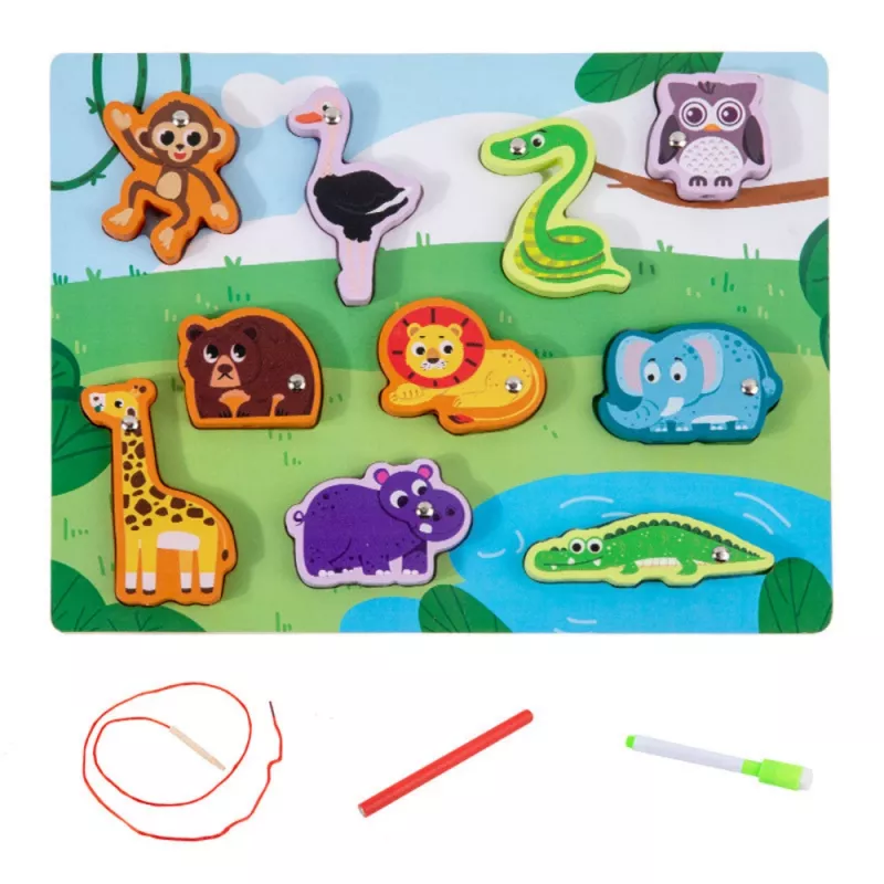 LEAN TOYS Holzpuzzle Magnete Schnürspiel Tiere