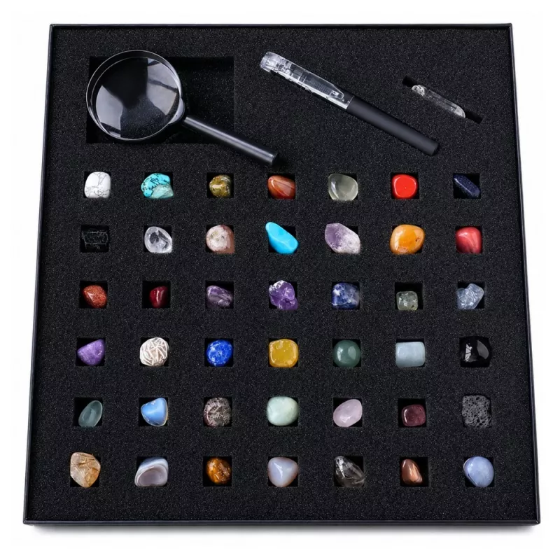 LEAN TOYS Set Mineralsteine Naturkristalle Sammlung mit Lupe und Stift, 43 Teile