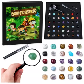 LEAN TOYS Set Mineralsteine Naturkristalle Sammlung mit Lupe und Stift, 43 Teile