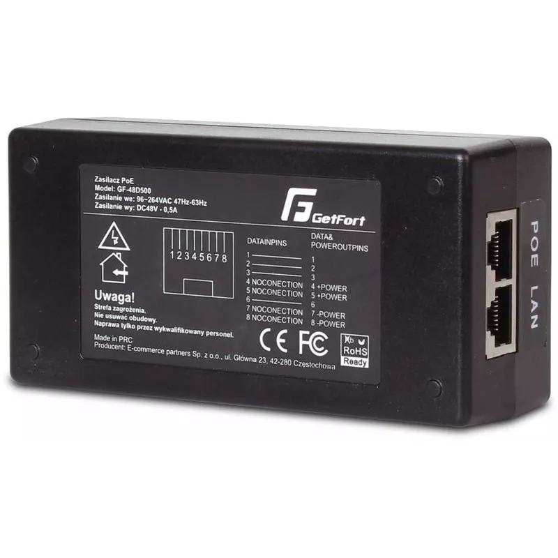 GETFORT GF-48D500 PoE Adapter 48V 0.5A 24W Passiver PoE-Injektor