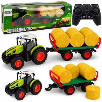 LEAN TOYS Ferngesteuerter RC Traktor mit Heuballen-Anhänger und Beleuchtung 1:24