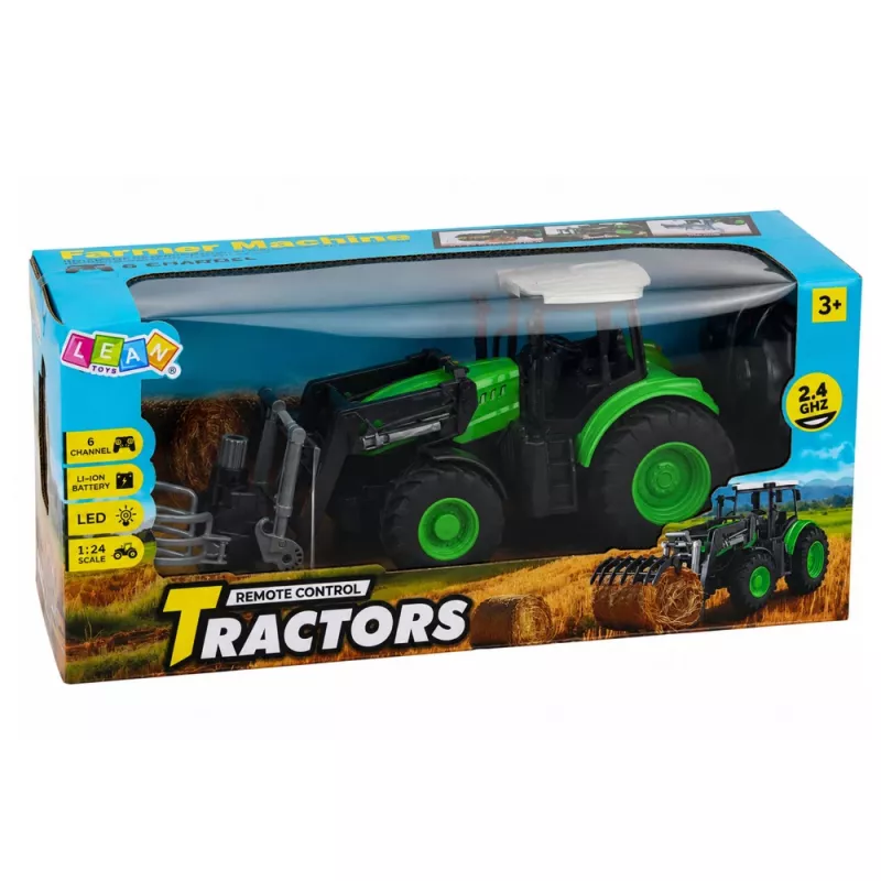 LEAN TOYS RC Traktor mit Ballengreifer, ferngesteuert, Lichter, Grün, 1:24