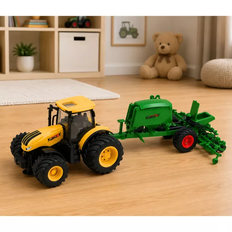 LEAN TOYS Traktor mit Sämaschine und Kultivator, Licht und Sound, Gelb, 1:24