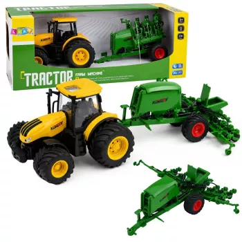 LEAN TOYS Traktor mit Sämaschine und Kultivator, Licht und Sound, Gelb, 1:24
