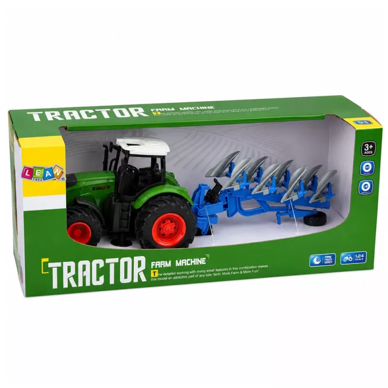 LEAN TOYS Landwirtschaftlicher Traktor mit Doppelscharpflug, Gummireifen, Grün, 1:24
