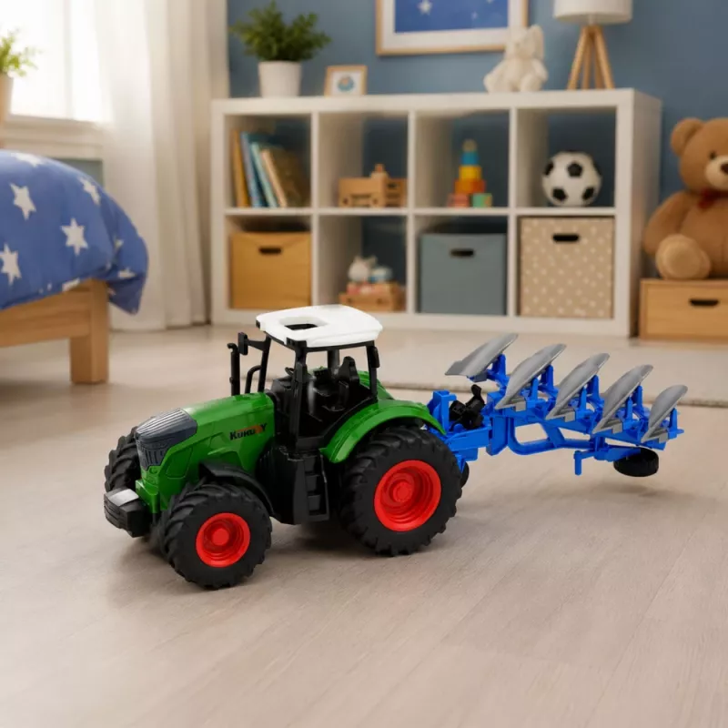 LEAN TOYS Landwirtschaftlicher Traktor mit Doppelscharpflug, Gummireifen, Grün, 1:24