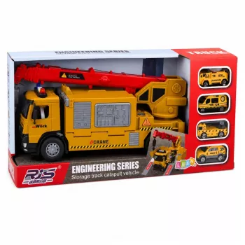 LEAN TOYS Truck mit Kran und Fahrzeugtransporter Lichter Geräusche Gelb
