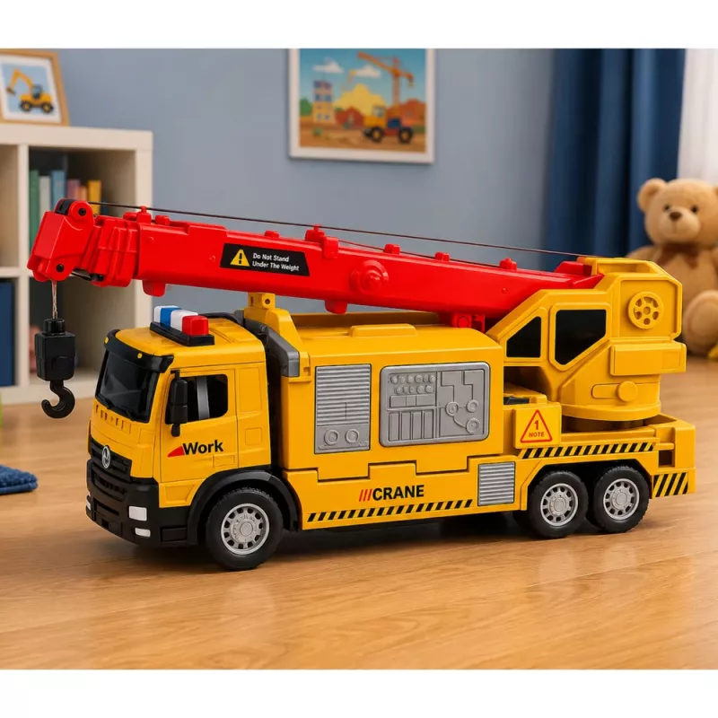 LEAN TOYS Truck mit Kran und Fahrzeugtransporter Lichter Geräusche Gelb