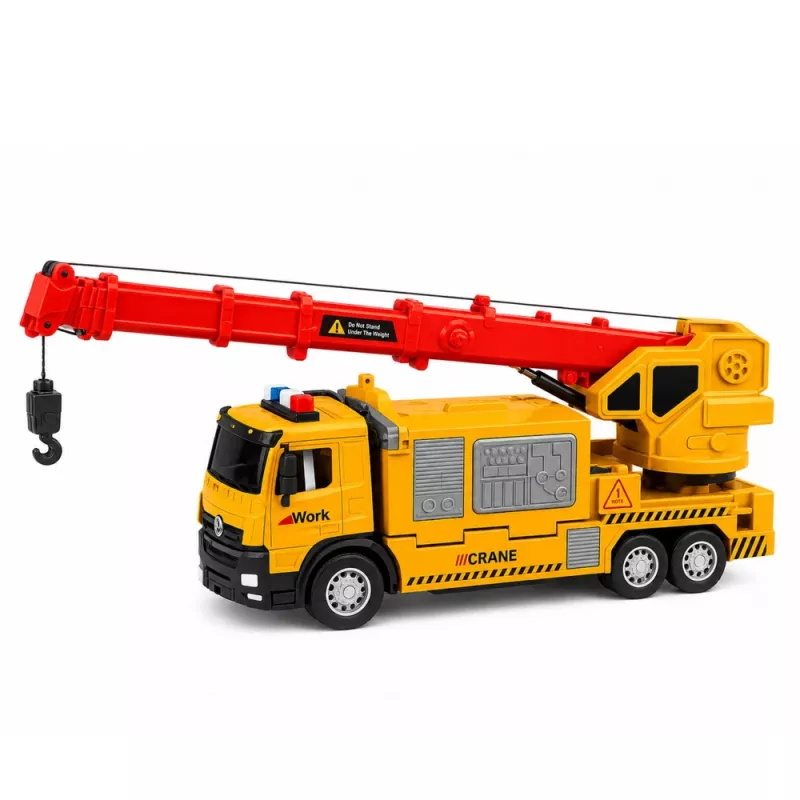 LEAN TOYS Truck mit Kran und Fahrzeugtransporter Lichter Geräusche Gelb