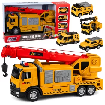 LEAN TOYS Truck mit Kran und Fahrzeugtransporter Lichter Geräusche Gelb