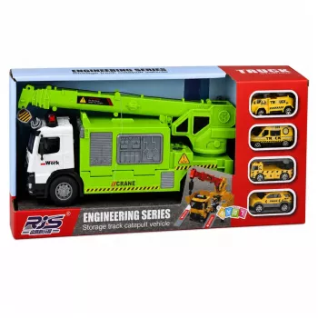 LEAN TOYS Truck mit Kran und Fahrzeugtransporter Licht Sound Grün