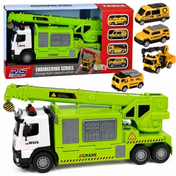 LEAN TOYS Truck mit Kran und Fahrzeugtransporter Licht Sound Grün