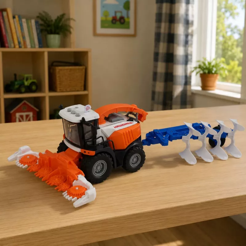 LEAN TOYS Landwirtschaftlicher Mähdrescher mit Schneidwerk und Pflug, Bauernfiguren, Pferd, Licht und Sound, 4-teilig
