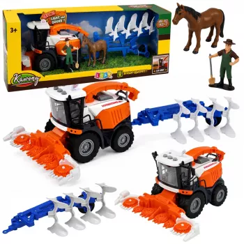LEAN TOYS Landwirtschaftlicher Mähdrescher mit Schneidwerk und Pflug, Bauernfiguren, Pferd, Licht und Sound, 4-teilig