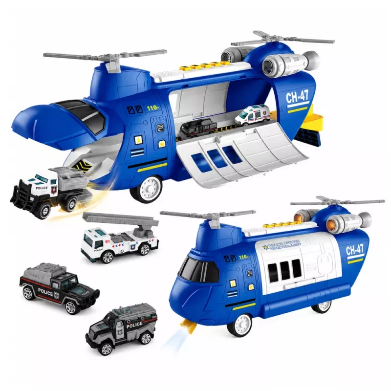 LEAN TOYS Klappbares Polizei-Transportflugzeug mit Fahrzeugen, Lichtern und Geräuschen