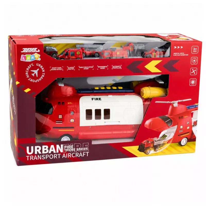 LEAN TOYS Große faltbare Feuerwehr-Transportflugzeug mit Fahrzeugen, Lichtern und Geräuschen