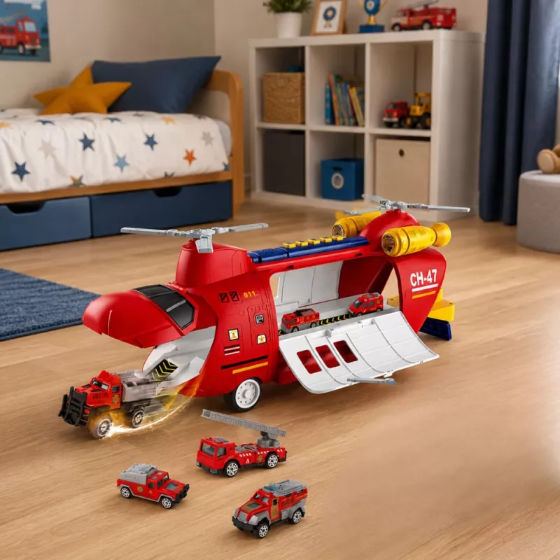 LEAN TOYS Große faltbare Feuerwehr-Transportflugzeug mit Fahrzeugen, Lichtern und Geräuschen