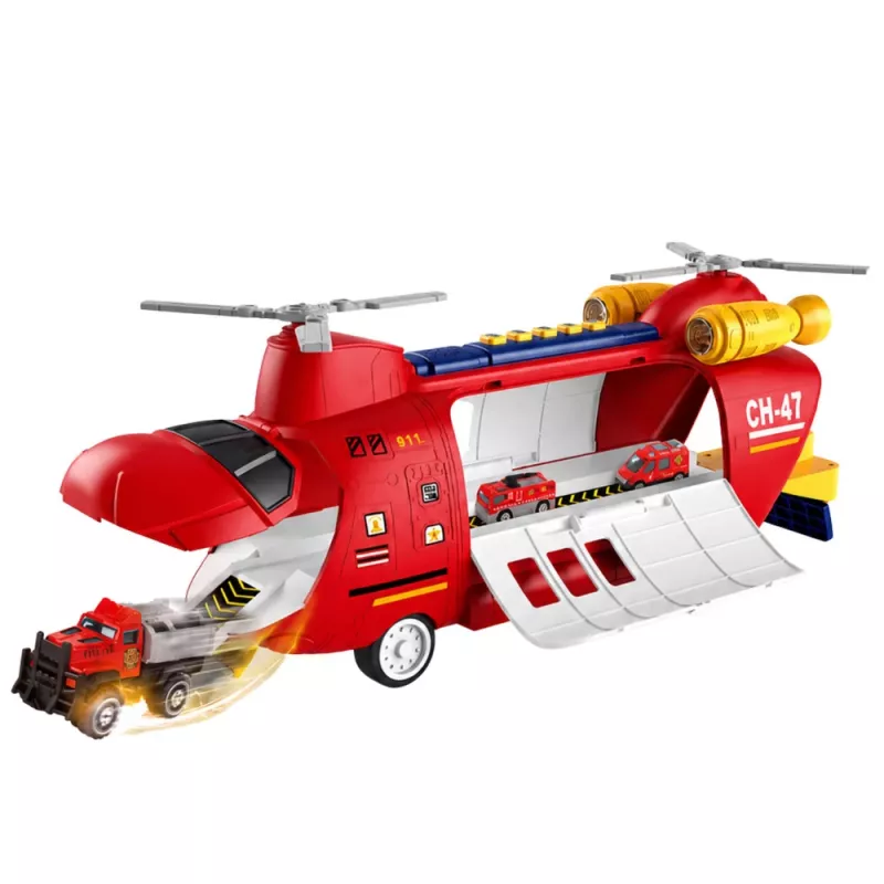 LEAN TOYS Große faltbare Feuerwehr-Transportflugzeug mit Fahrzeugen, Lichtern und Geräuschen
